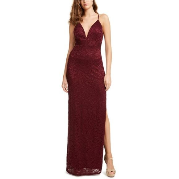 EMERALD SUNDAE Dress Gown Lace High Slit Sexy Cut Out Cocktail Prom Burgundy XXS - Picture 1 of 14